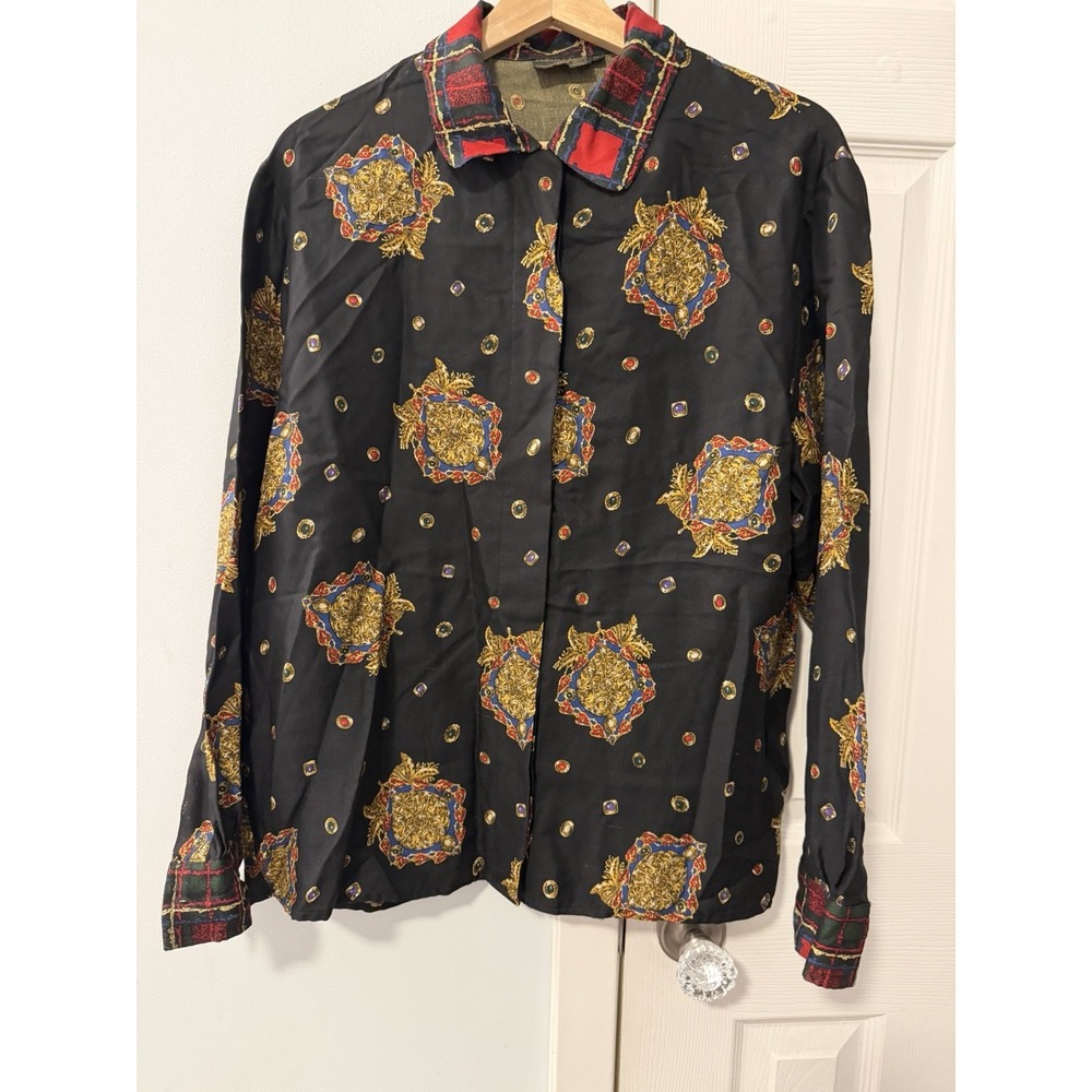J. McLaughlin For Sanyo Vintage Gold Medallion Button Up Shirt Sz 10 Old Money